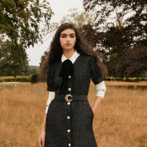 Boden Sparkly Tweed/Texture Mini Black Dress with Jewel Buttons